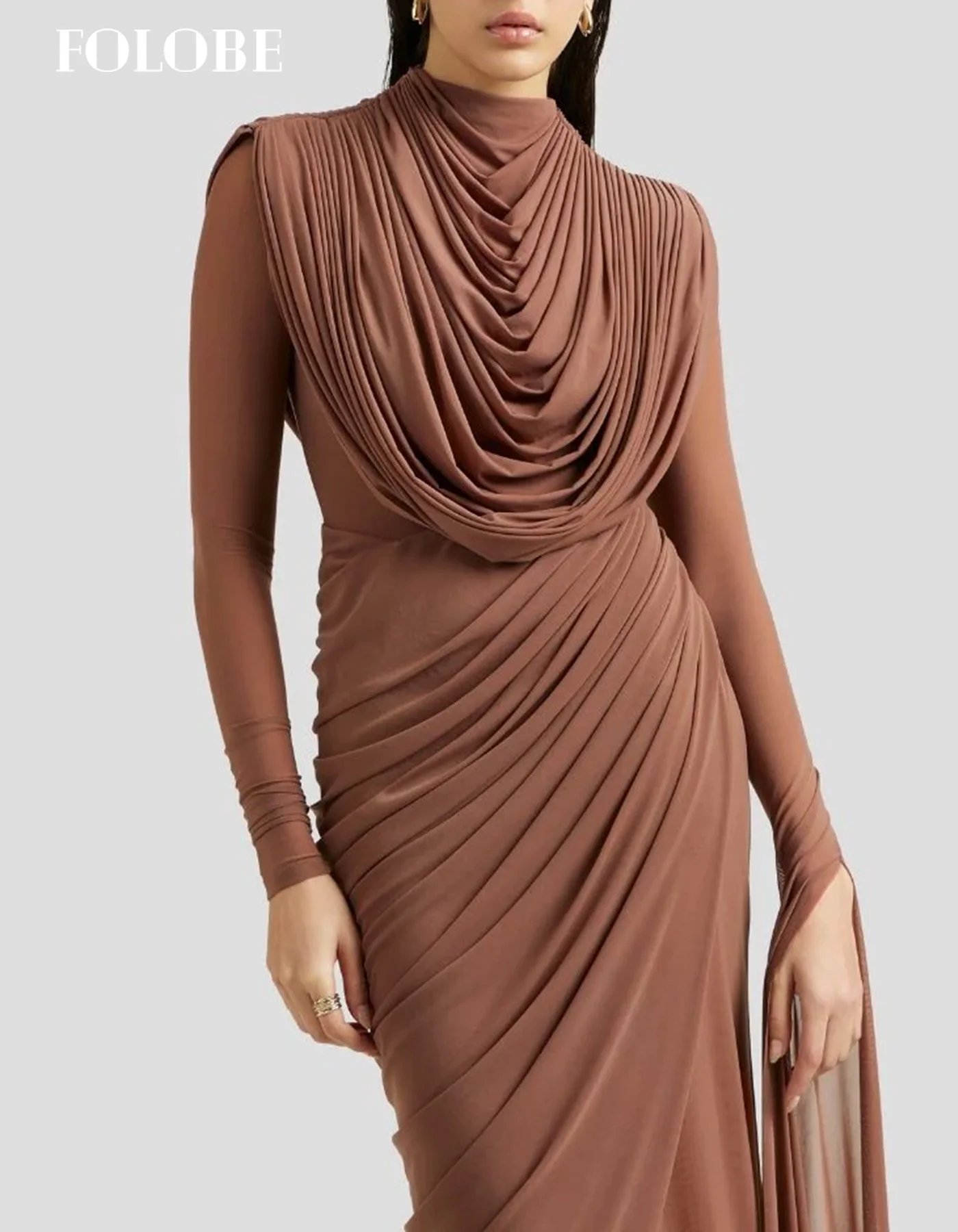 FOLOBE chiffon bruin avondjurk volledige mouwen zeemeermin plus prom feestjurken elegante eenvoudige maxi galajurken op maat