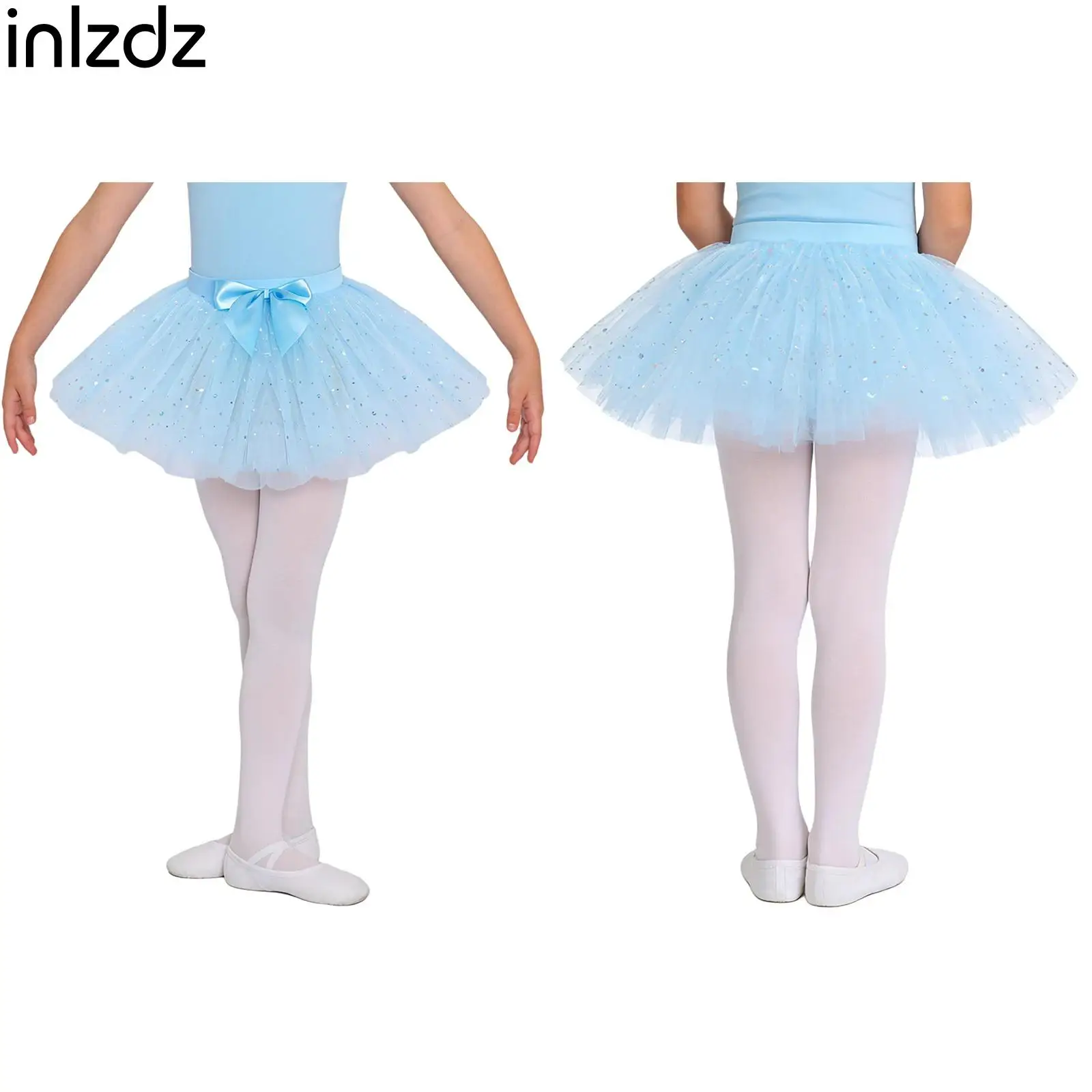 

Kids Lyrical Figure Skating Dance Performance Skirt Girls Shiny Sequins Tulle Tutu with Satin Bow Skirt for Ballet Latin Dance