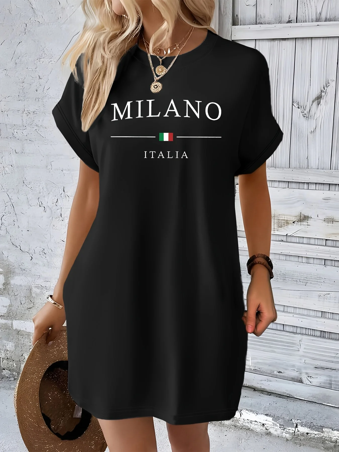 Robe t-shirt décontractée en tricot pour femmes, avec lettres MILANO imprimées, col rond, manches courtes, haut à la mode, noir avec motif de drapeau coloré