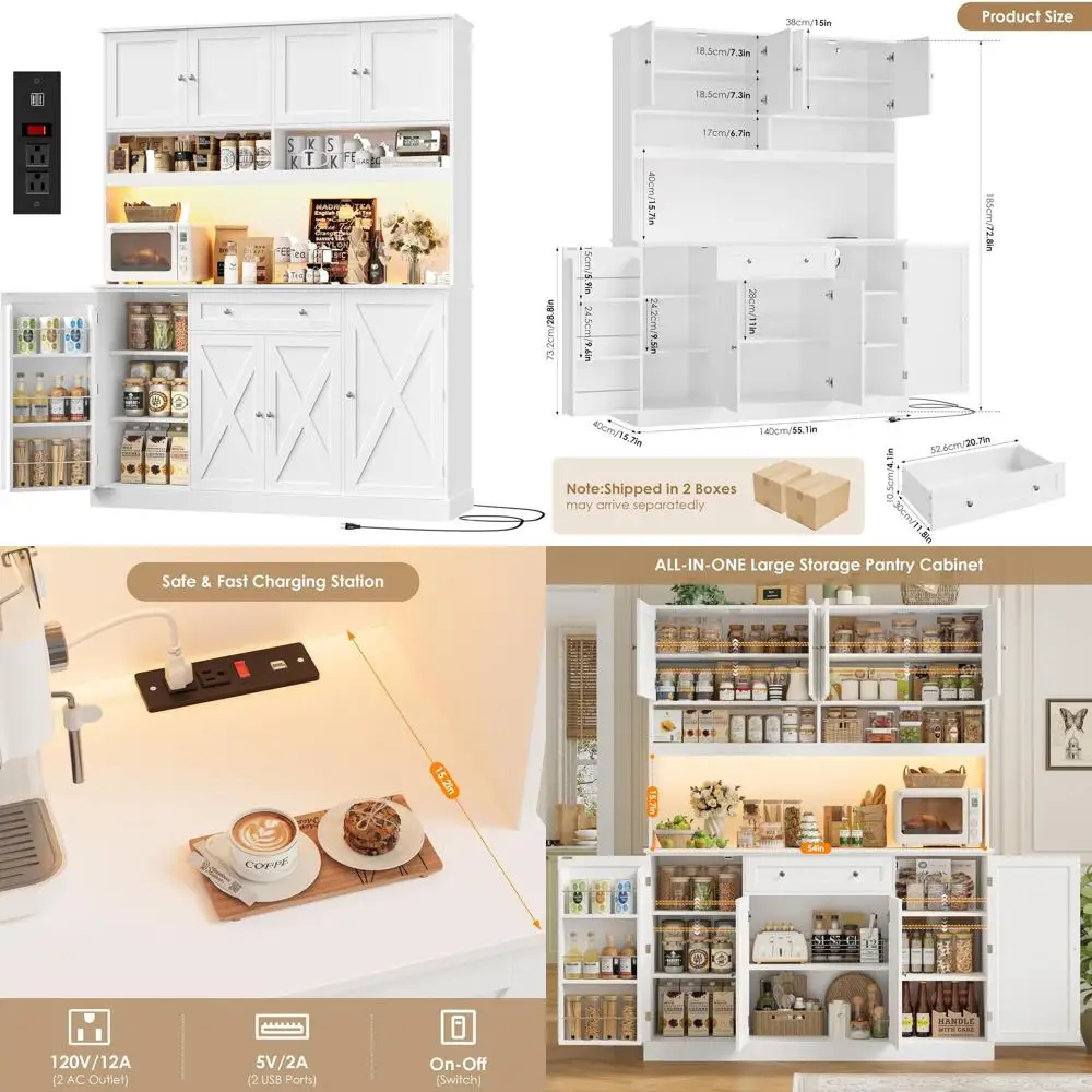 

72.8 Tall LED-lit Kitchen Pantry Cabinet with Charging Station, 55 Wide Microwave Storage Cabinet with Shelves, Barn Door Style,