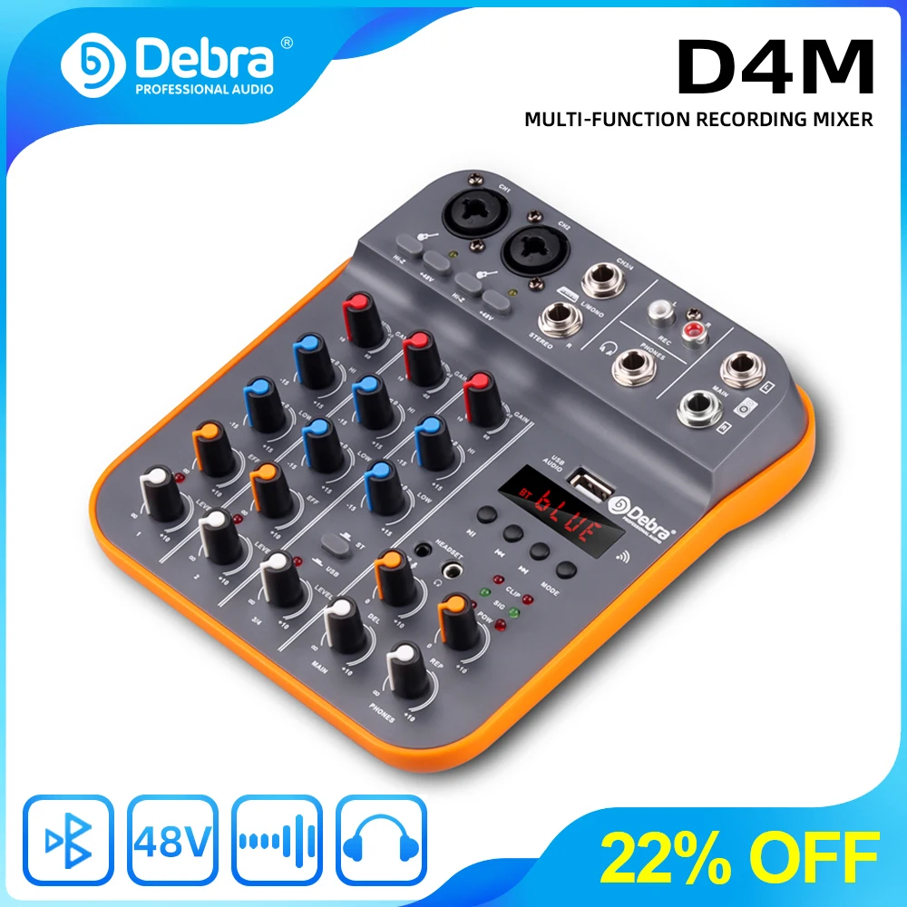 Debra 4 Channel Mixer DJ Console D4M  Audio Interface With reverber Bluetooth 5.0 48V Sound Card for PC Recording Karaoke Sing