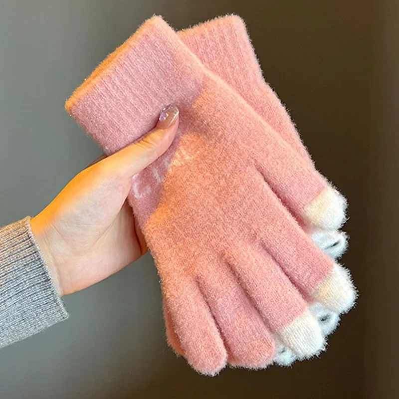 Women Girls Winter Fluffy gloves Panda Fingertip Warm Knitted Fingerless Gloves Wool Touchscreen Phone Girls Full Finger Mittens