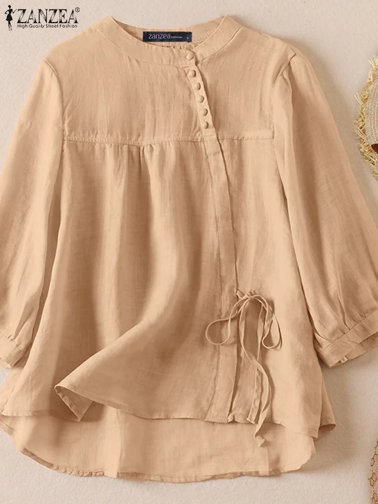 Women Shirt ZANZEA Fashion Tops 2024 Summer Blouse 3/4 Sleeve Lace Up Casual Loose Solid Color Vintage O Neck Blusas Femininas