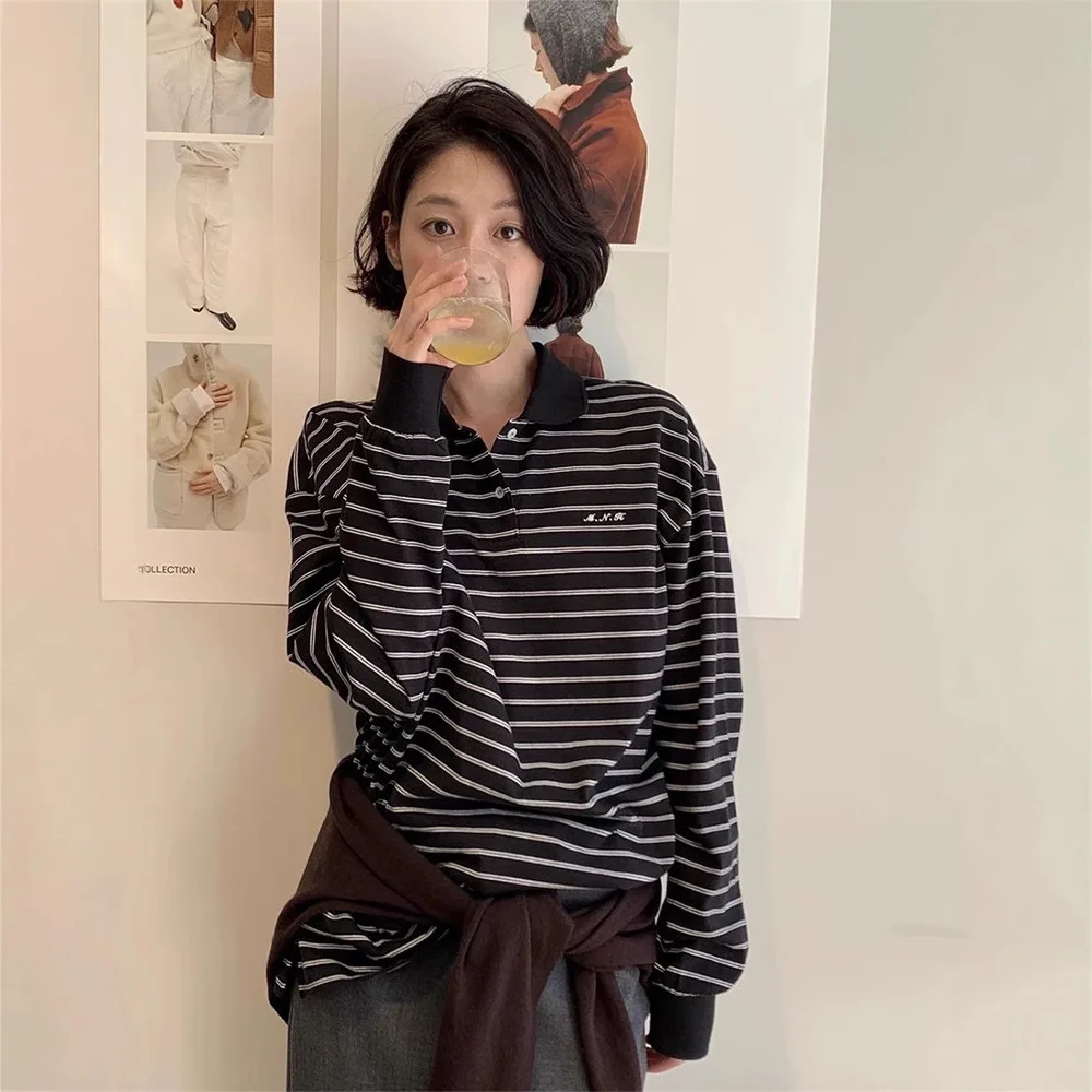 Monoha H25 Spring Loose Fit Striped Long Sve  T-irt Women's Base irt Dongdaemun Organic Cotton Korean Sle