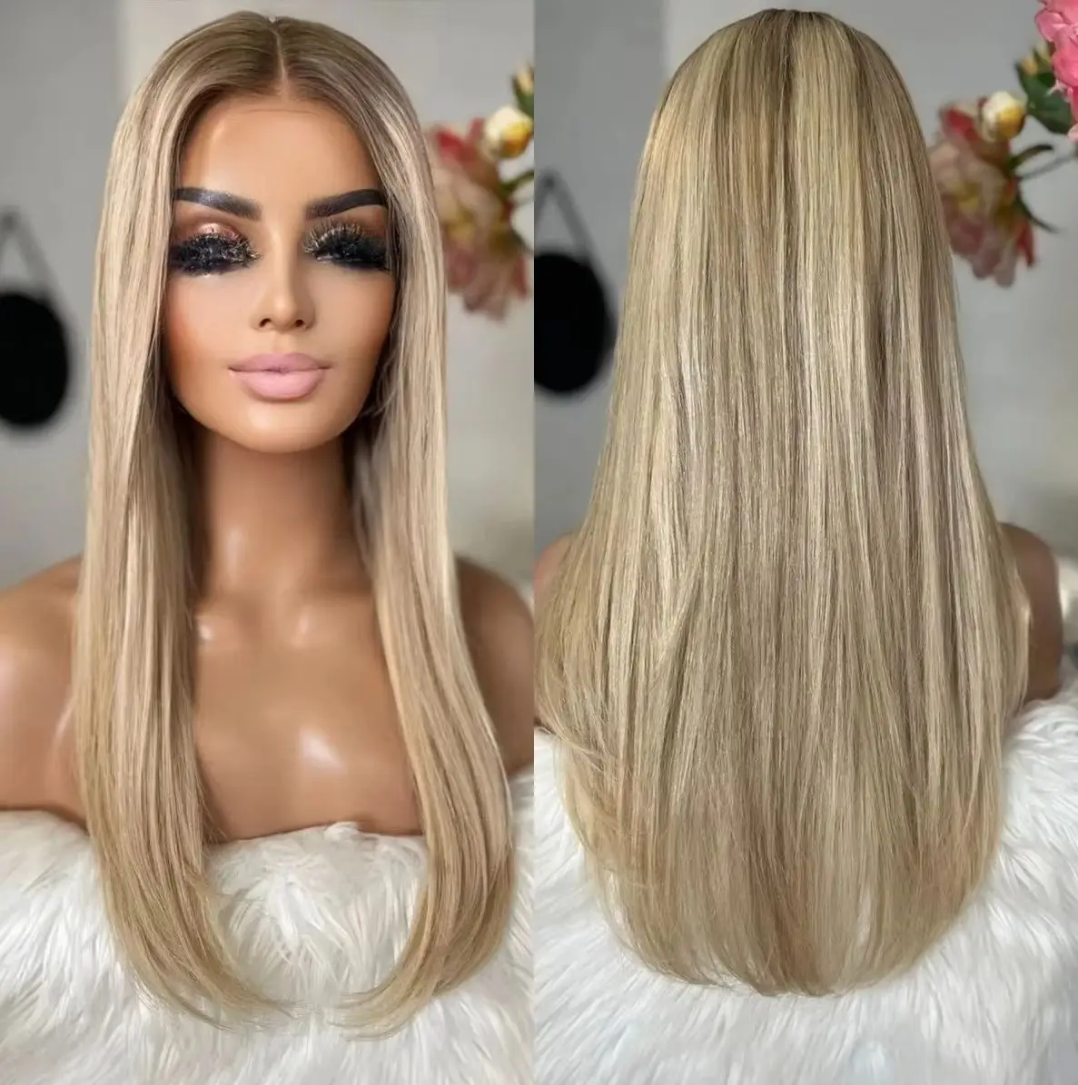 

Natural Peplucked Hairline 13x4 HD Ombre Brown Blonde Balayage Wig Straight Lace Front Wig Synthetic High Quality Daily Women