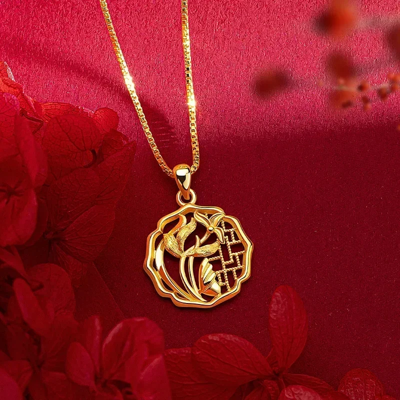 

9999 Real Gold 24K Women's Window Grilles Flower Necklace Flower Window Orchid Pendant Women's Collarbone Necklace
