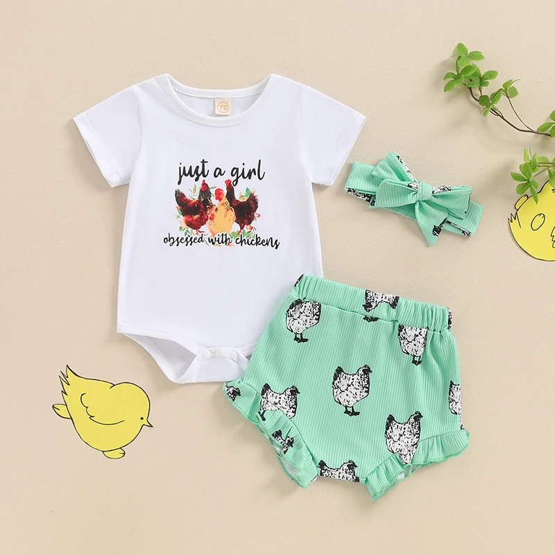 

2024-04-09 Lioraitiin Baby Girls 3Pcs Summer Outfit Short Sleeve Chicken Print Romper + Shorts + Headband Set Farm Clothes