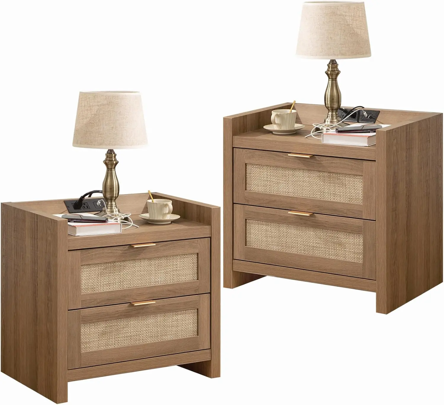 Night Stand Set of 2 - Rattan Nightstands with Type-C Charging Station, 2 Rattan Drawers - Boho Wood Bed Side End Table for Smal