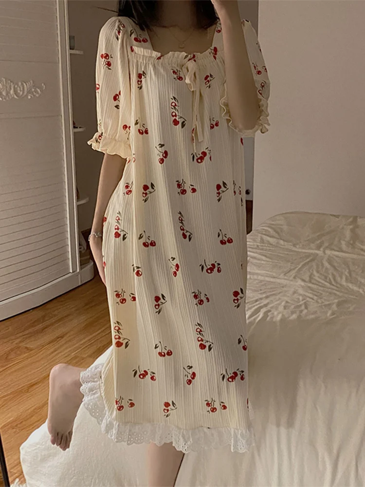 

Summer Spwear Women's ort Sve Pure Cotton Cherry Large Size Outdoor Wearable Sweet Home Clothes Knitted Cotton Fabric