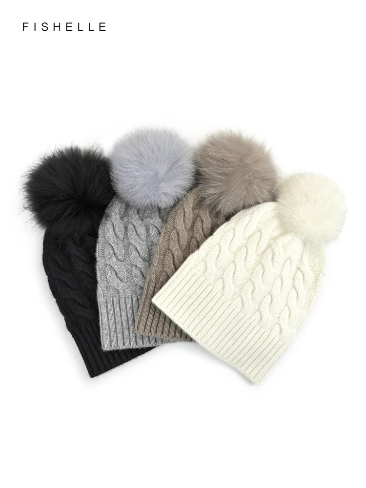 Solid color pure cashmere hat adults luxury gifts women knitted wool hat autumn winter fox hair ball cap beanie for female