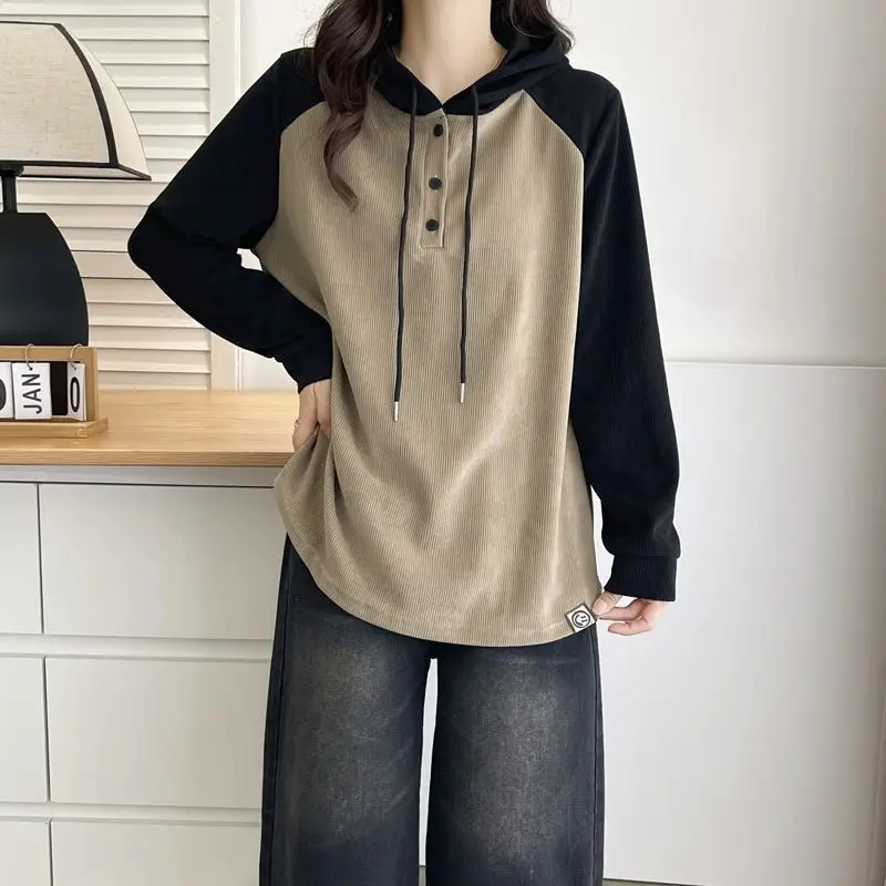 Fall Winter Women Hoodie T Shirt Loose Color Block Slimming Commuter Top Regular Shoulder