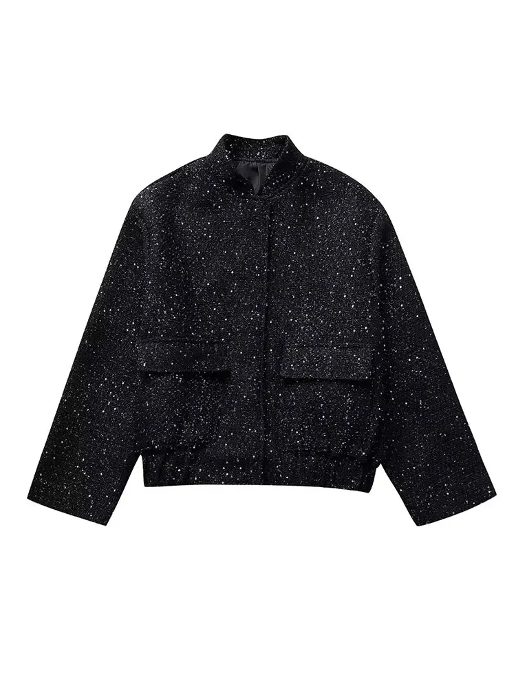 Veste à paillettes brillantes pour femmes, couleur or Y2k, col montant, manches longues, manteau court, automne hiver, haut pour dames, Streetwear