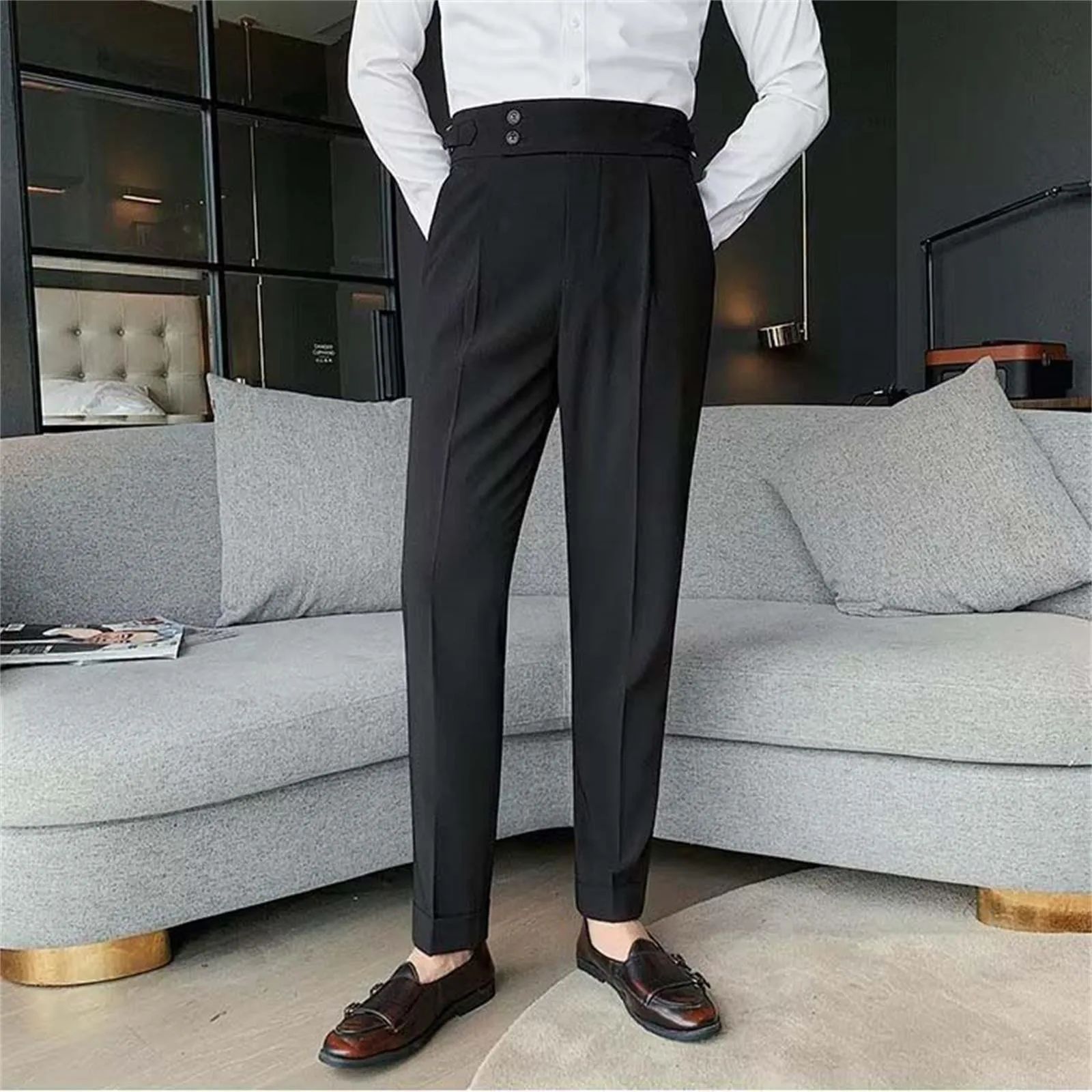 Slim Fit High Waist Business Small Foot Pants Men Solid Color Loose Buttons Straight Leg Pants Lightweight Comfy Trousers