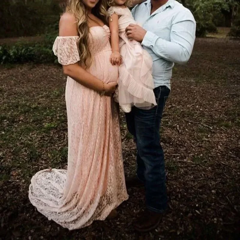 Vestido de maternidad con manga con volantes para mujer embarazada, maxivestido de encaje con hombros descubiertos para fotografía, vestidos elegantes de embarazo para sesión de fotos