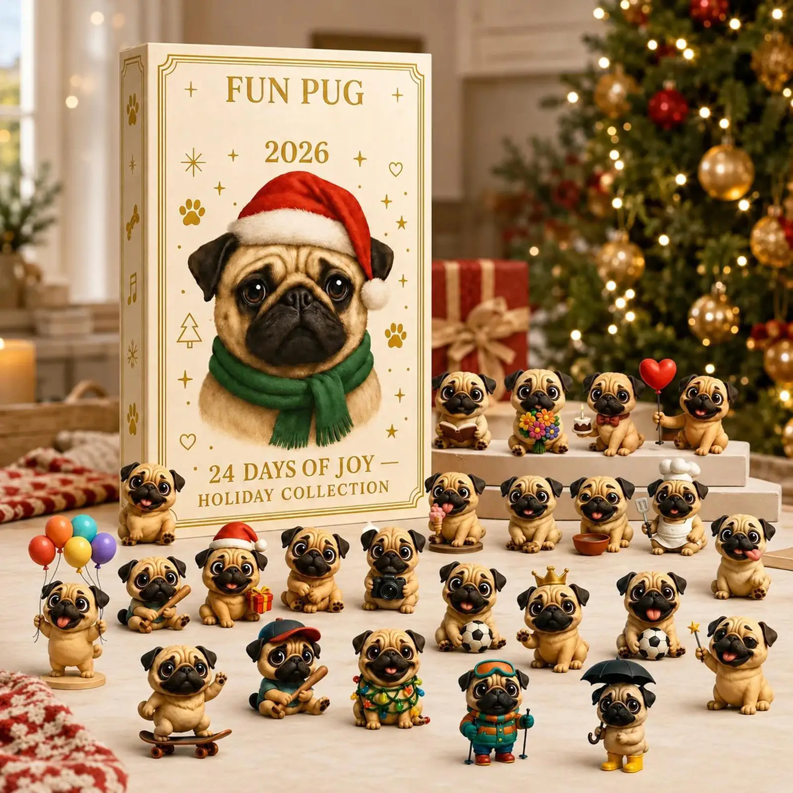 2026 Christmas Advent Calendar With 24 Mini 3D Pug Dog Cute Figurines Holiday Christmas Countdown Gift Toy For Kids Boys Girls