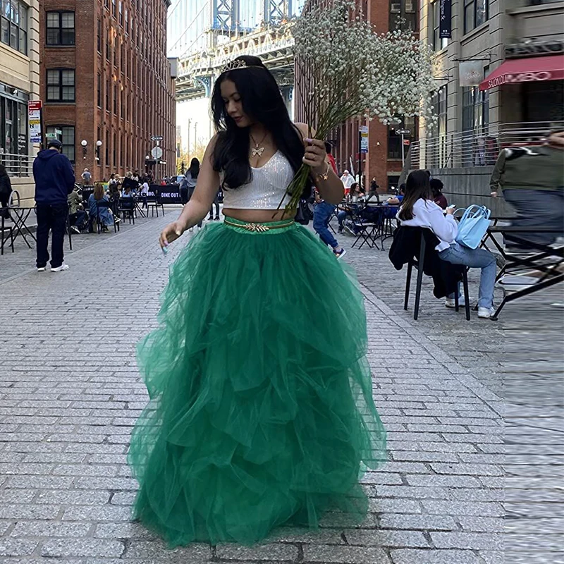 

Green Ruched Tulle Skirt Formal Phootshoot Long Tulle Skirt For Women Custom Made Extra Puffy Party Skirt 2022 Formal Wear