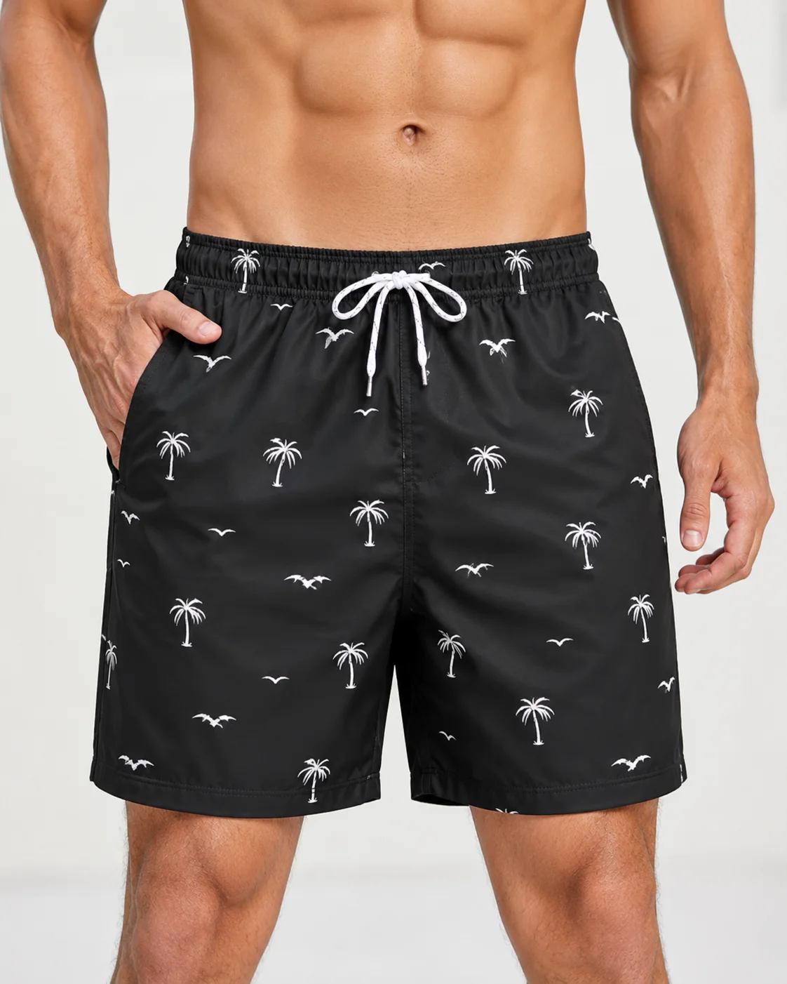 Mens Black Palm Tree Seagull Print Swim Shorts Quick Dry Drawstring Beach Board Shorts with Pockets Vacation Swimwear