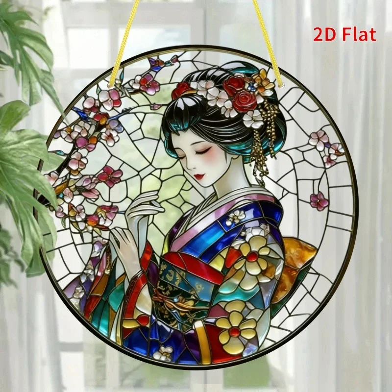 Round Acrylic Hanging Ornament,Oriental Art Acrylic Suncatcher Round Kimono Woman Floral Hanging Wall Window Gift