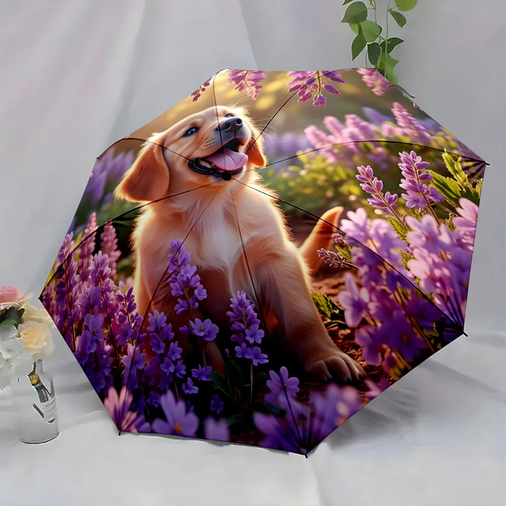 1PC Adorable Puppy in a Purple Flower Field Design Umbrella Print 8 Iron Ribs Folding Umbrella Auto-Open Fashion Sunshade