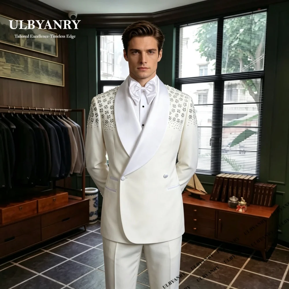 ULBYANRY Men's Luxury Wedding Suit Double-Button Slim Fitting Groom Suits Crystals Rhinestones Tailored Tuxedo Jacket Pants