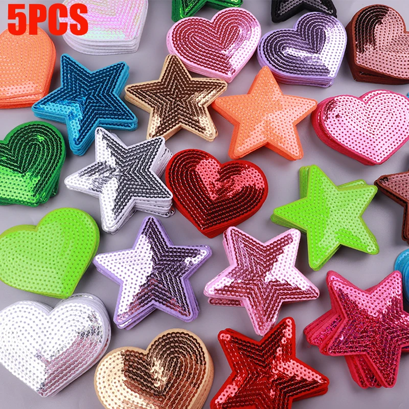 5 uds estrella de cinco puntas/corazón amor lentejuelas bordado DIY lentejuelas hierro en parches para ropa sombreros Jeans mochila parche de costura