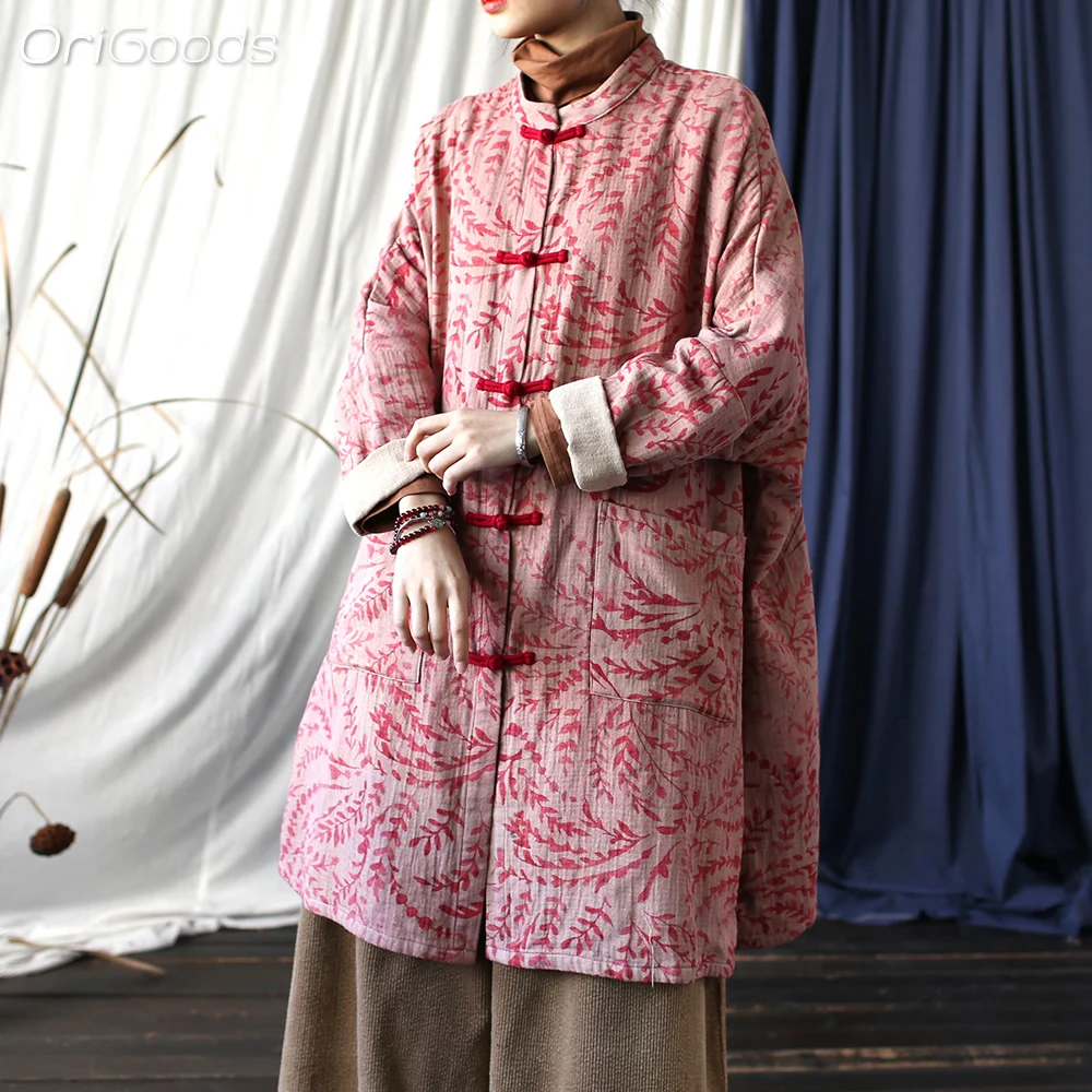 

OriGoods длинная рубашка большого размера, женское пальто с розовым принтом, хлопок, 100% одежда в китайском национальном стиле, топ, весенне-осеннее пальто 2024, X016