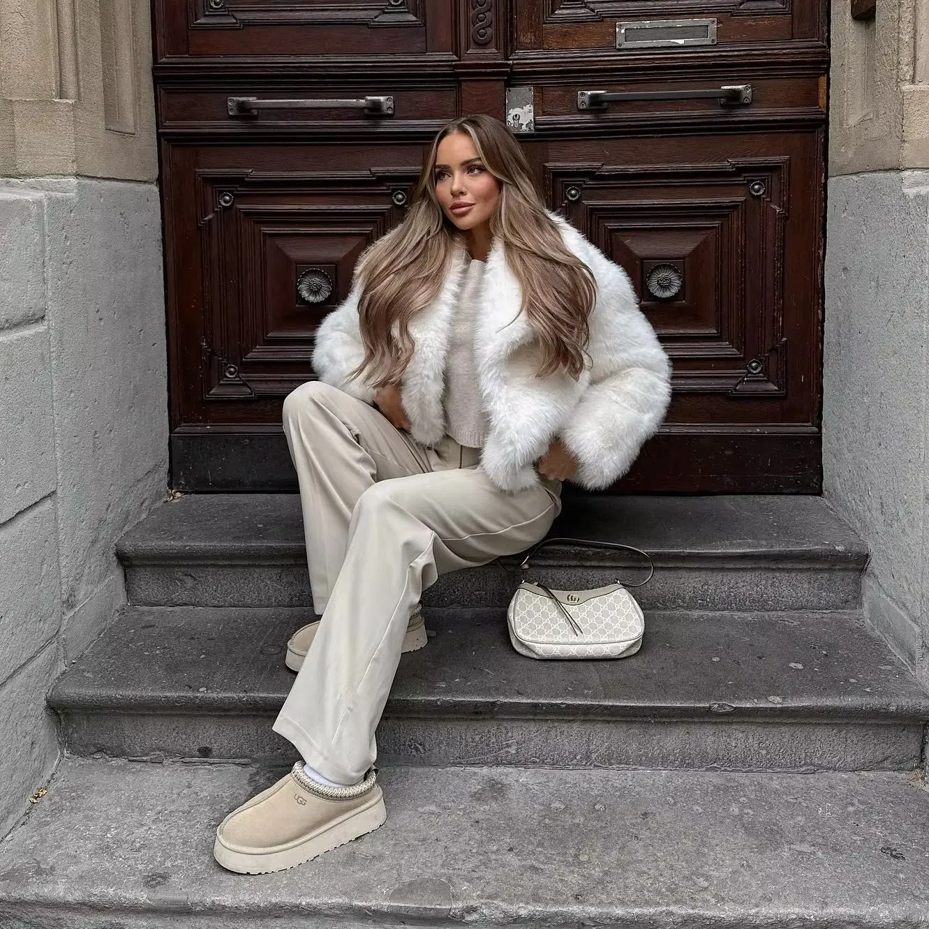 Women's White Fluffy Faux Fur Coat Open Front Stand Collar Cropped Shaggy Thick Warm Winter Elegant Luxe Chic Outerwear