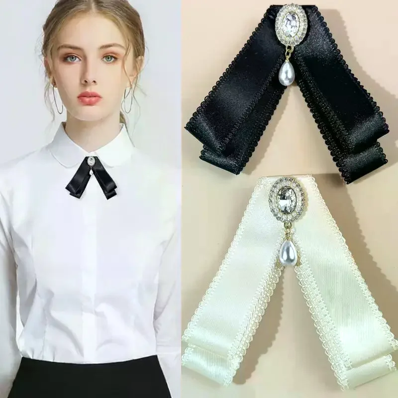 New Black Bow Tie Shirt Collar Pins Crystal Bowknot Ribbon Brooches For Women Wedding Party Necktie Accessories