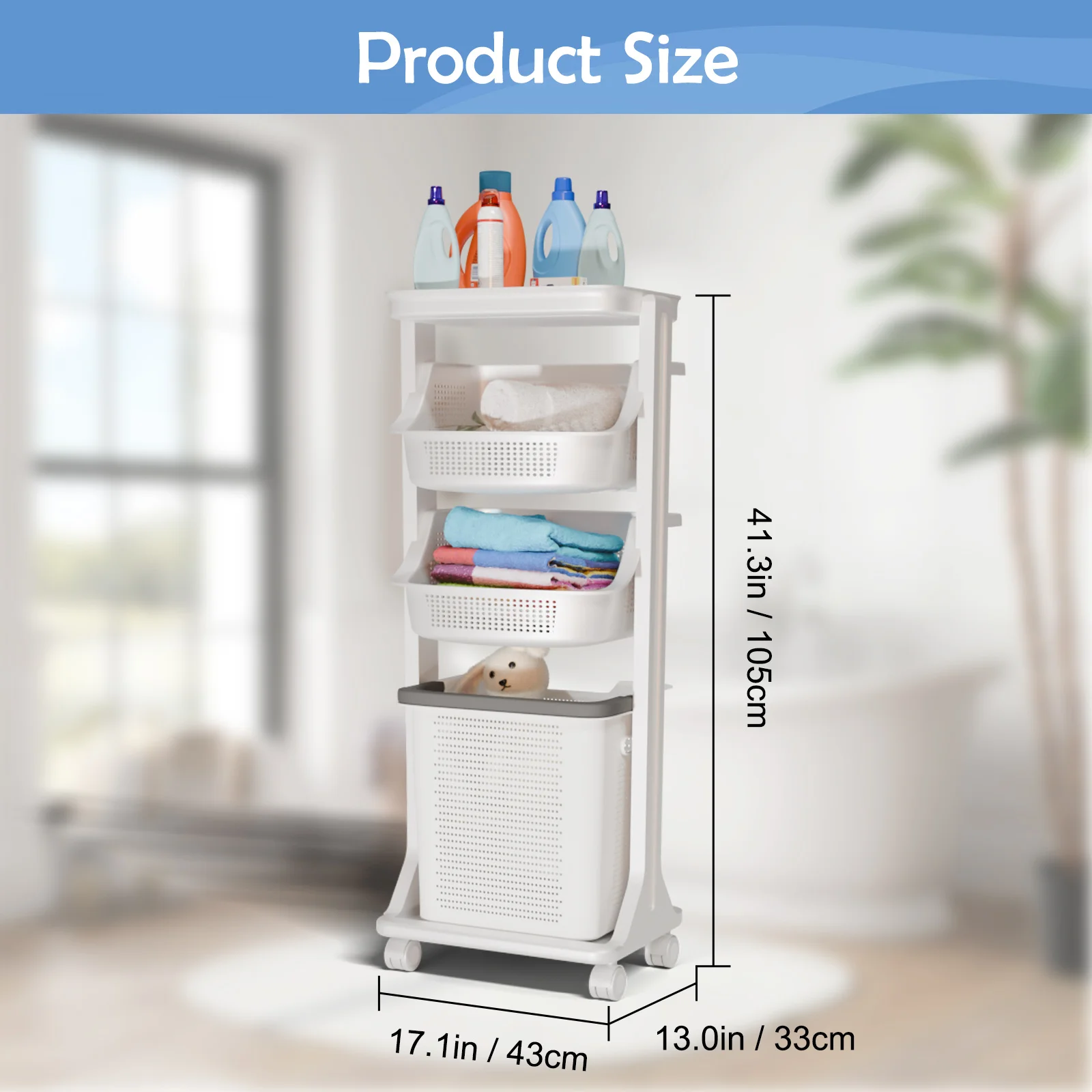 2/3단 이동식 세탁 바구니, 휴대용 롤링 세탁통, 세탁물 보관함 (탈부착 가능한 바구니 3개 및 바퀴 포함)