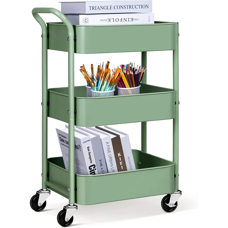 

3 Tier Under Desk Rolling Cart with Handle and Lockable Wheels, 27'' Height Small Metal Book Cart Mobile Art Cart Rolling