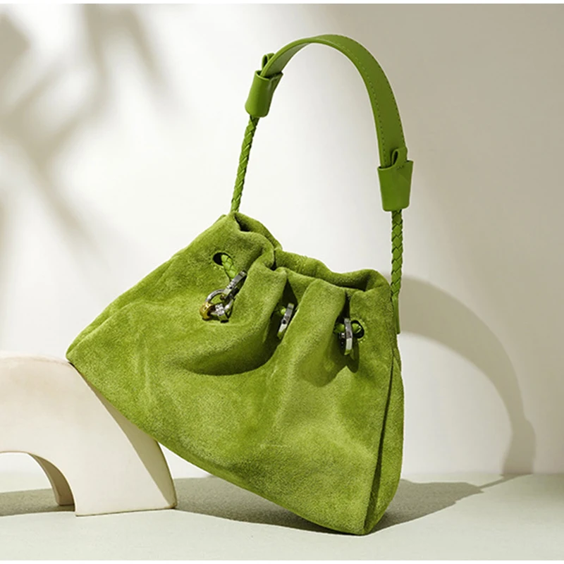 Designer-Umhängetasche aus Rindsleder und Wildleder, Glückshandtasche aus echtem Leder mit Kordelzug, lässige Cloud-Plissee-Umhängetasche für Damen – Detail 8