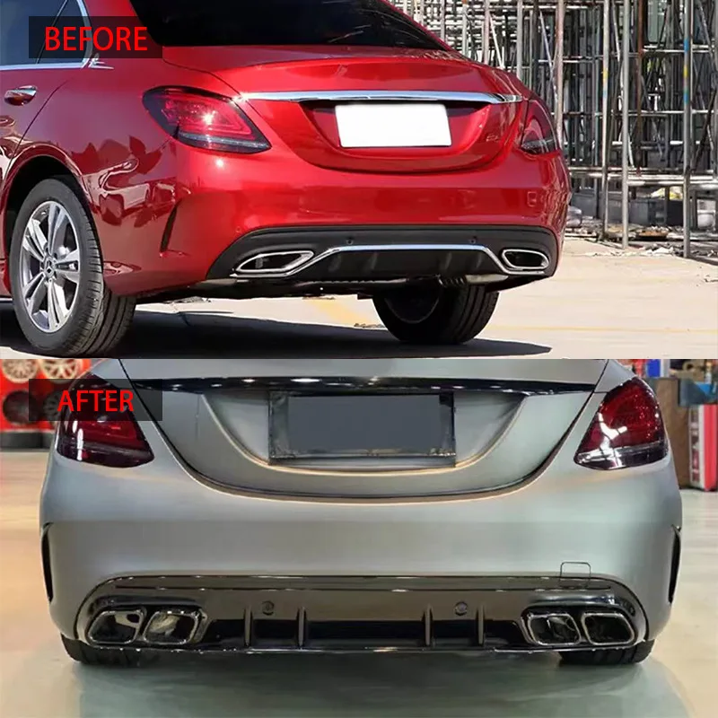 المصد الخلفي الناشر الشفاه لمرسيدس بنز C الفئة W205 AMG سيدان 2019-2021 تجديد C63 نمط 4 باب مع طقم هيكل أطراف العادم