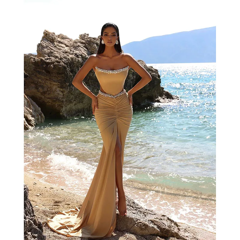 

Elegant Champagne Mermaid Evening Dresses Beads Strapless Party Prom Cutaway Sides Pleats Long Dress For Special Occasions