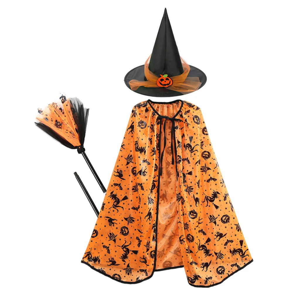Kids Halloween Witch Cape Costume for Boys Girls Wizard Cloak with Witch Hat Broom Set Props Halloween Pumpkin Children Clothing