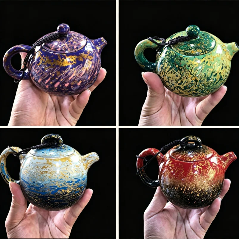 Handmade Chinese Lacquer Teapot with Lid Retro Kung Fu Tea Set Office Home Decor Collectible Tea Vessel