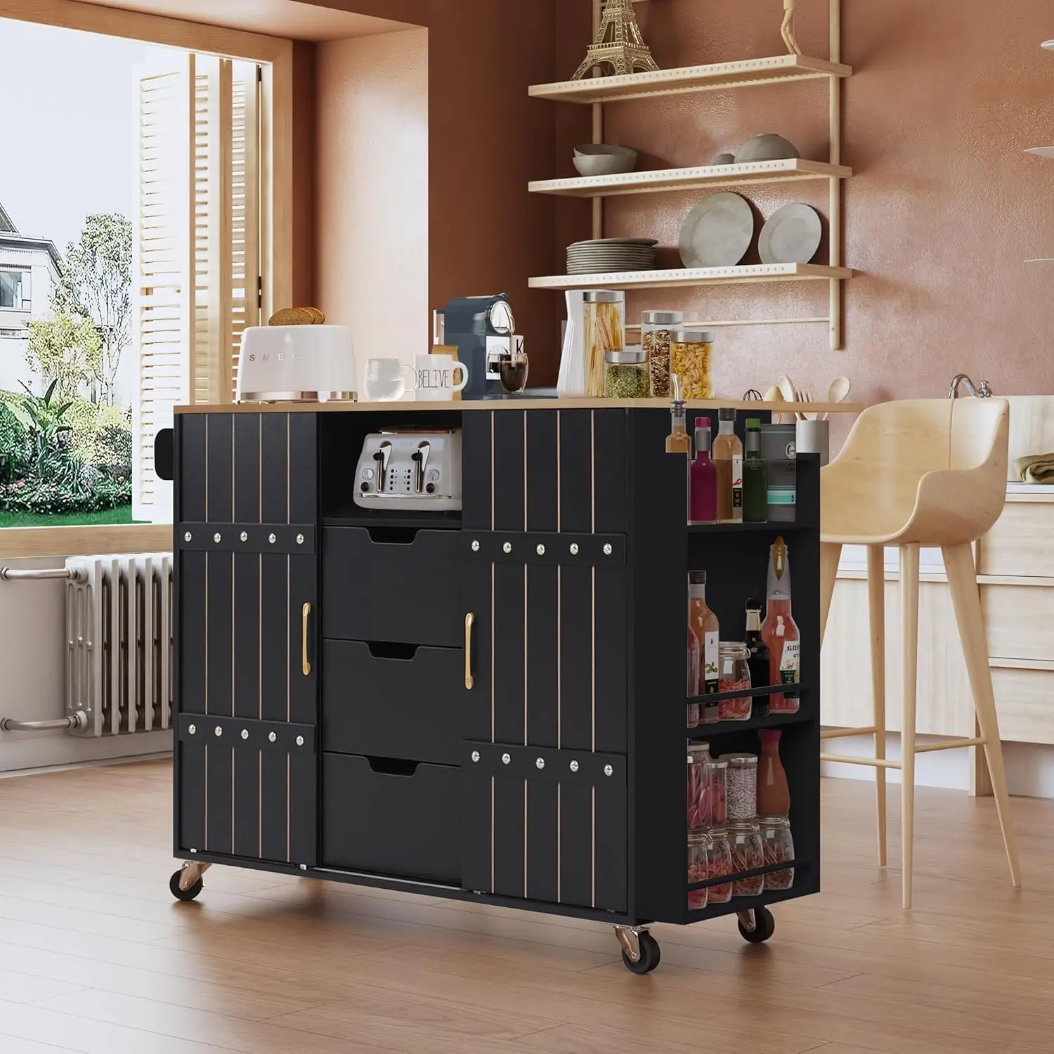 Ilha Rolling Kitchen com Drop Leaf, Carrinho de bancada portátil sobre rodas, Armazenamento