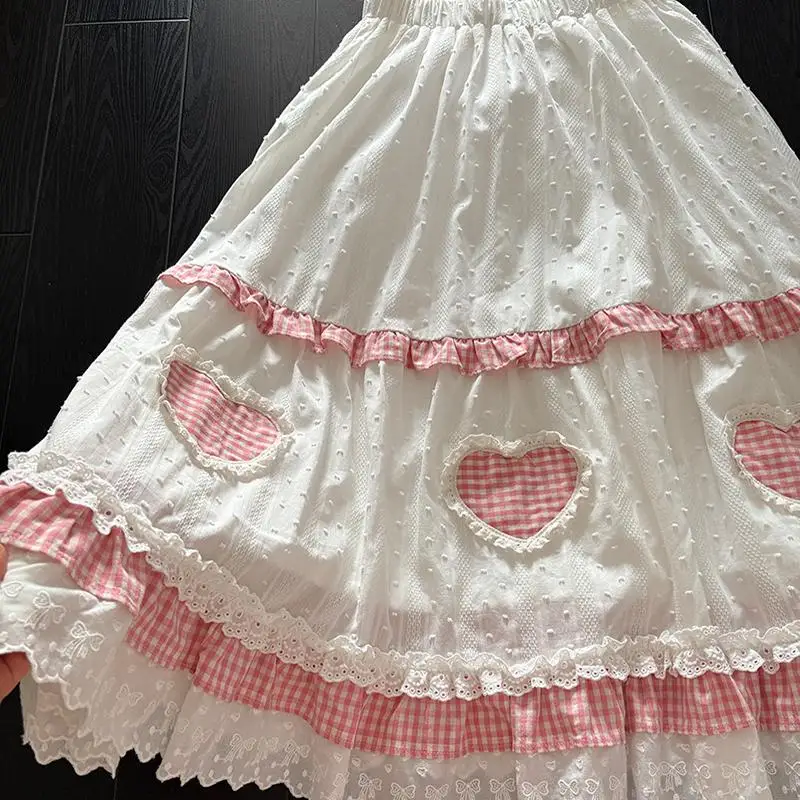 NONSAR Japanese Style Sweet Love Plaid Skirts Women Lace Girls High Waist Long Skirt Lolita Student Cute Versatile White Skirt