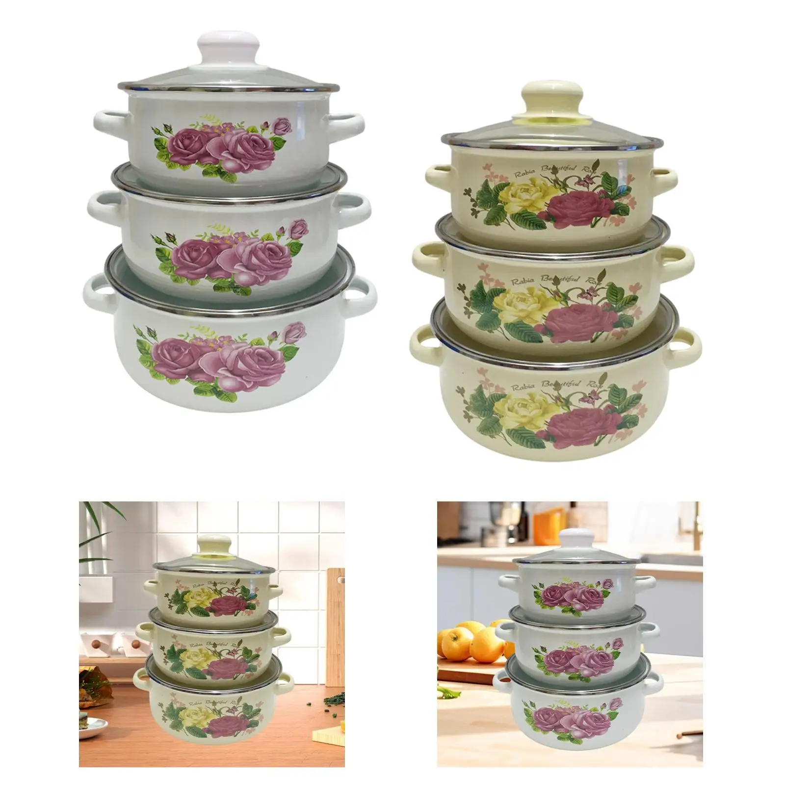 

3x Enamel Stew Pot Double Handle Non Stick Pot with Lid Home Simmering Enamel Ceramic Soup Set for Restaurant Sauce