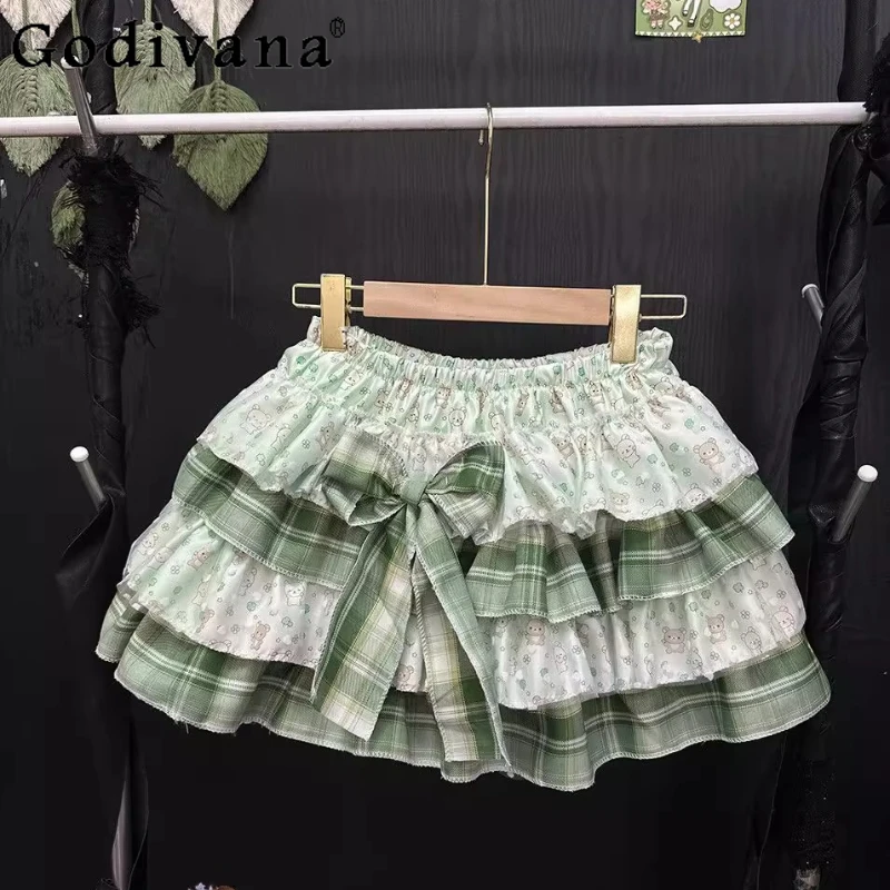 

Girls Japanese Sweet Lolita Style Skirt High Waist Print Ruffles Bow Cake Mini Skirt Women Kawaii Cute Y2k Short Skirts