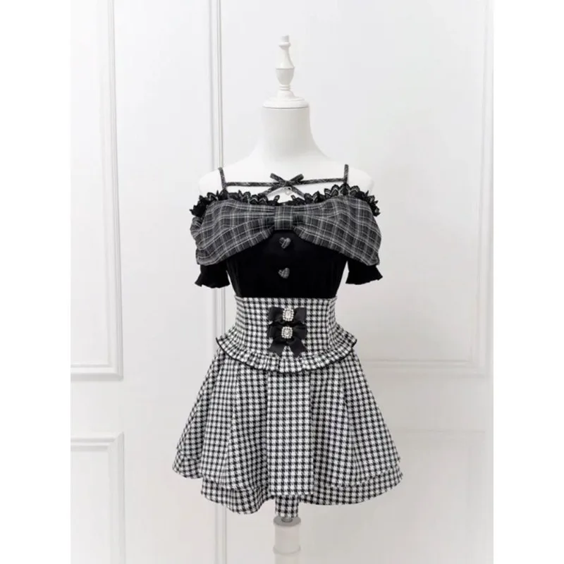 Kamehara Japanese Fashion Bow Grid Set Elegant Off Shoulder Lace Waist Top Casual Grid Half Skirt Retro Y2k Harajuku Style 2pcs