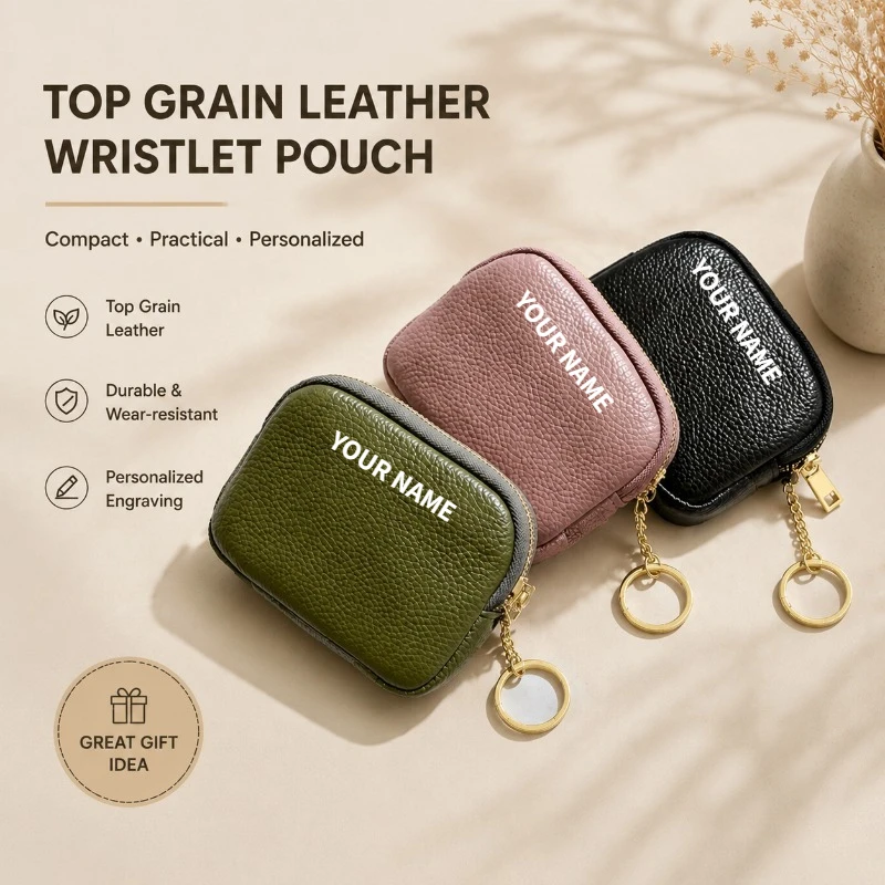 Women Genuine Leather Mini Wallet Personalized Keychain Coin Purse Top Grain Leather Zipper Small Wallet Compact Card Holder