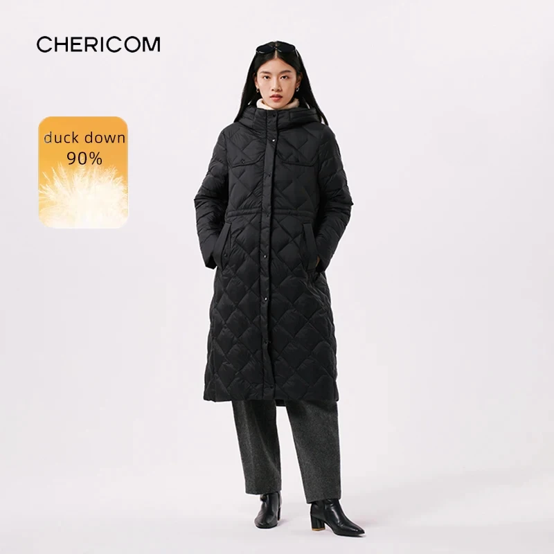 Chericom doudoune mi-longue à capuche pour femme 90 duvet de canard blanc motif matelassé imperméable léger manteaux bouffants Y299067Y