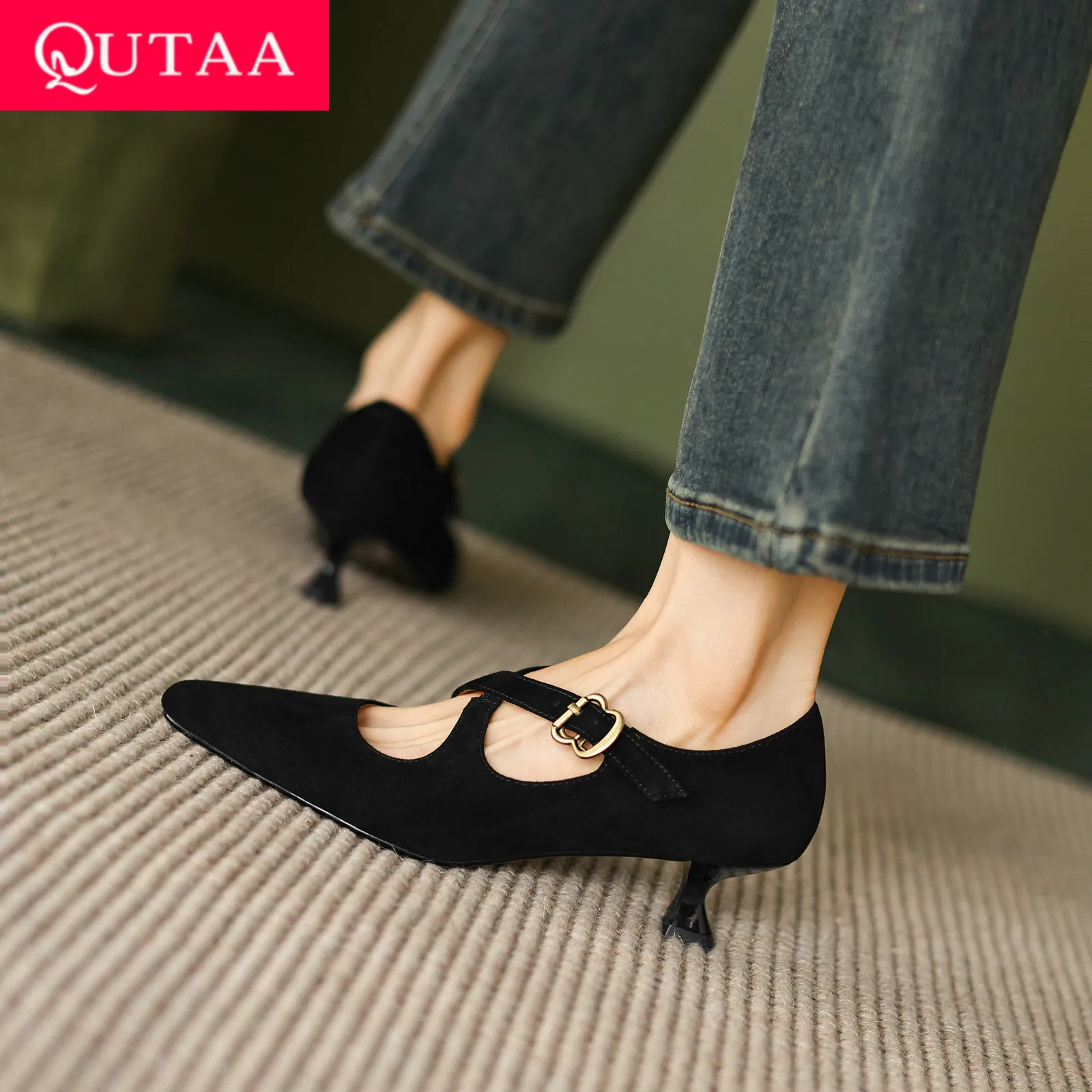 

QUTAA 2025 Fashion Women Pumps Shoes High Heels Sexy Genuine Leather Party Mary Jane Pointed Toe Office Shoes Spring 34-39