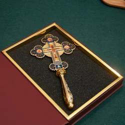 HTISOK Orthodox Prayer Cross Blessing Gold Plated Church Jesus Crucifix Icon Handheld Cross Religious Gift & Decor