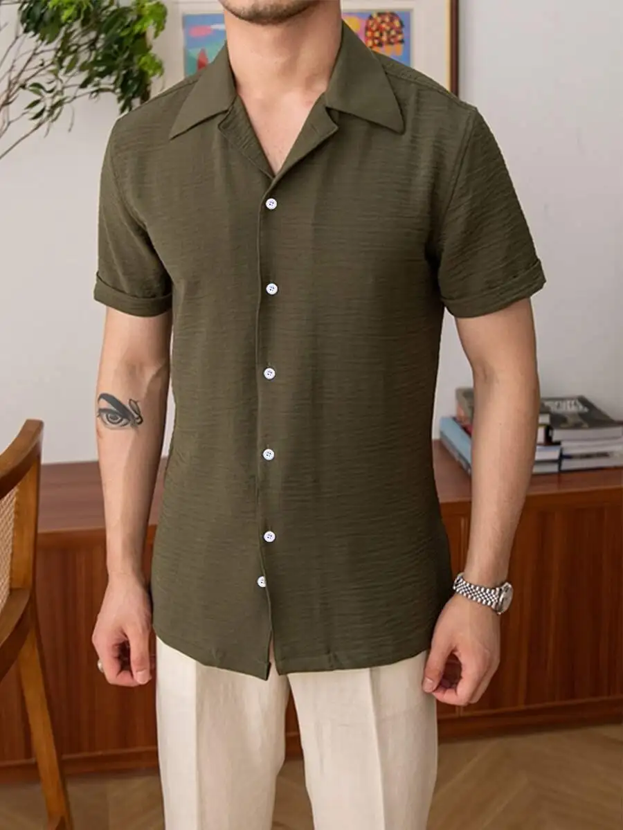 

Men Solid Button Up Short Sleeve Shirt Casual Turn-Down Collar