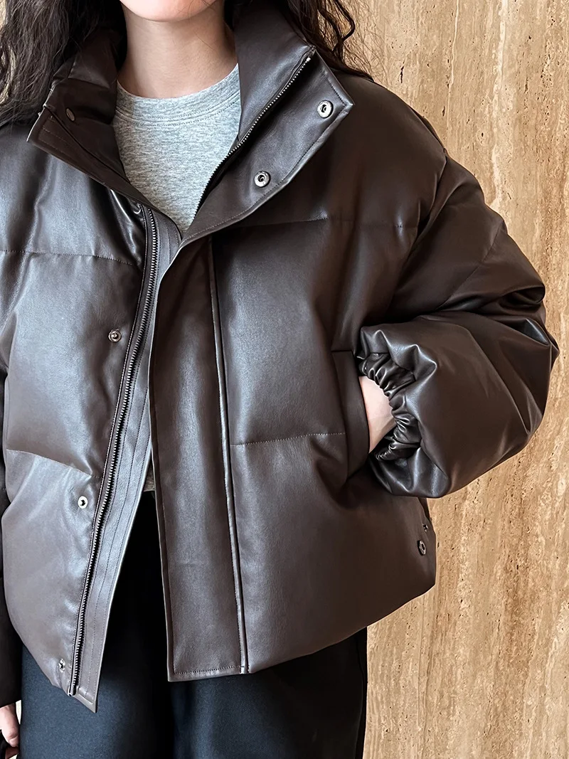 Winter New Brown PU Leather Cotton Down Coat Women's Thicken Stand Collar Japanese Korean Leisure Loose Style Down Coat