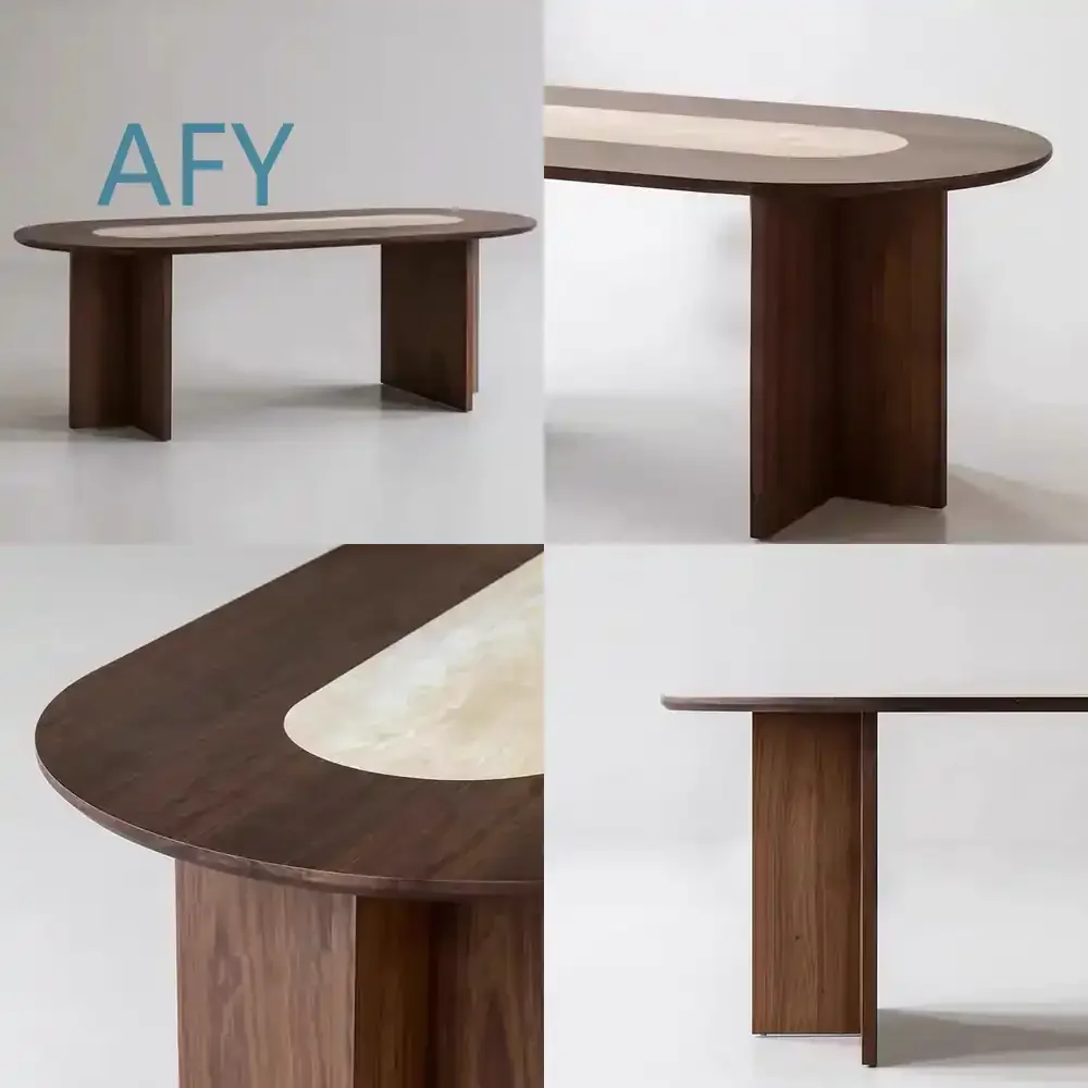 Solid Wood Dining Table for Rustic Wabi Sabi Minimalist Mid Century Oval Vintage Designer Walnut Color Concrete Hole Home