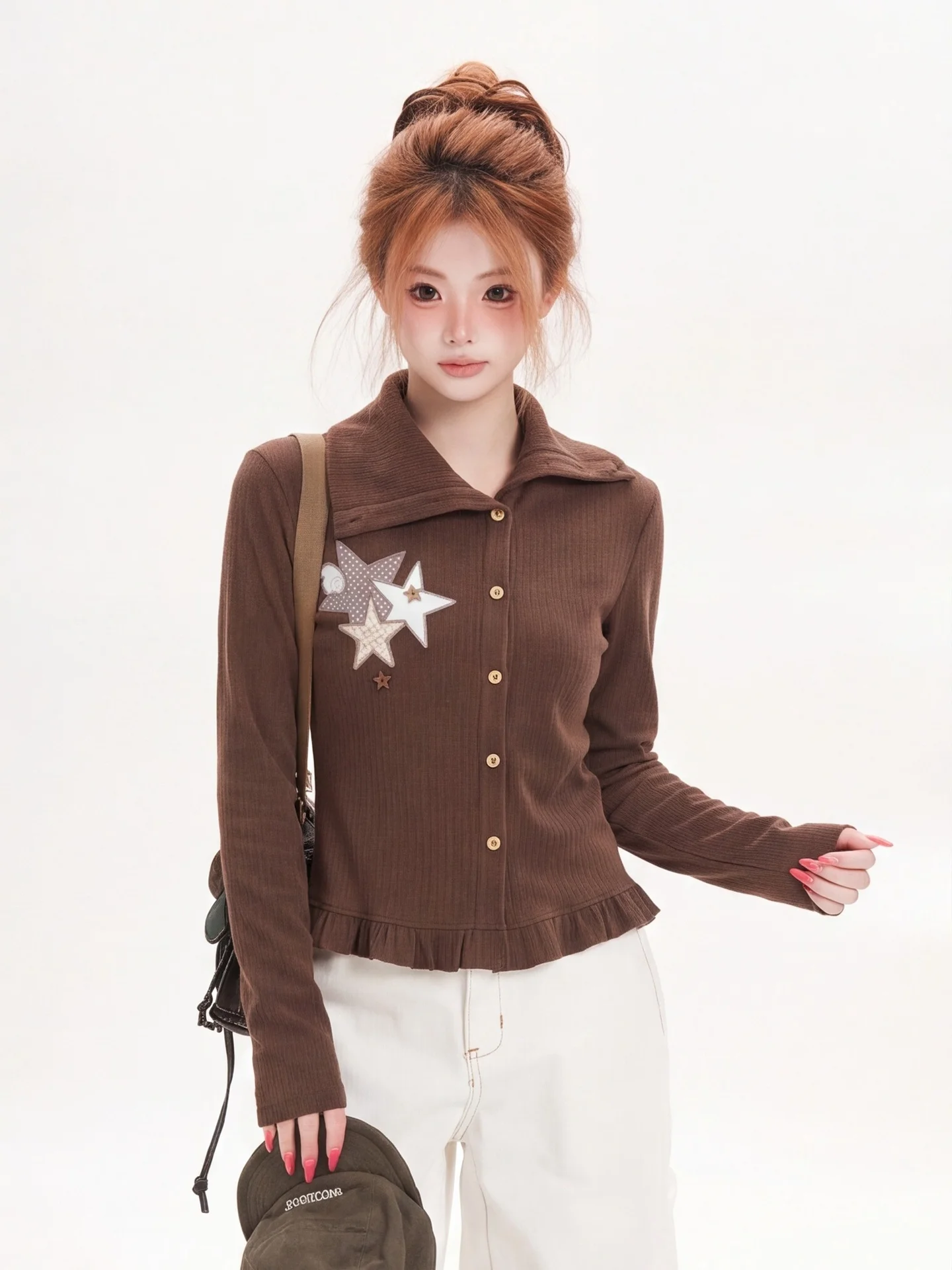 Retro Ant Star Embroidery Long Sleeve T-Shirt Women's Sweet Slim Fit Top for Autumn Design Sense Travel Outdoor Student