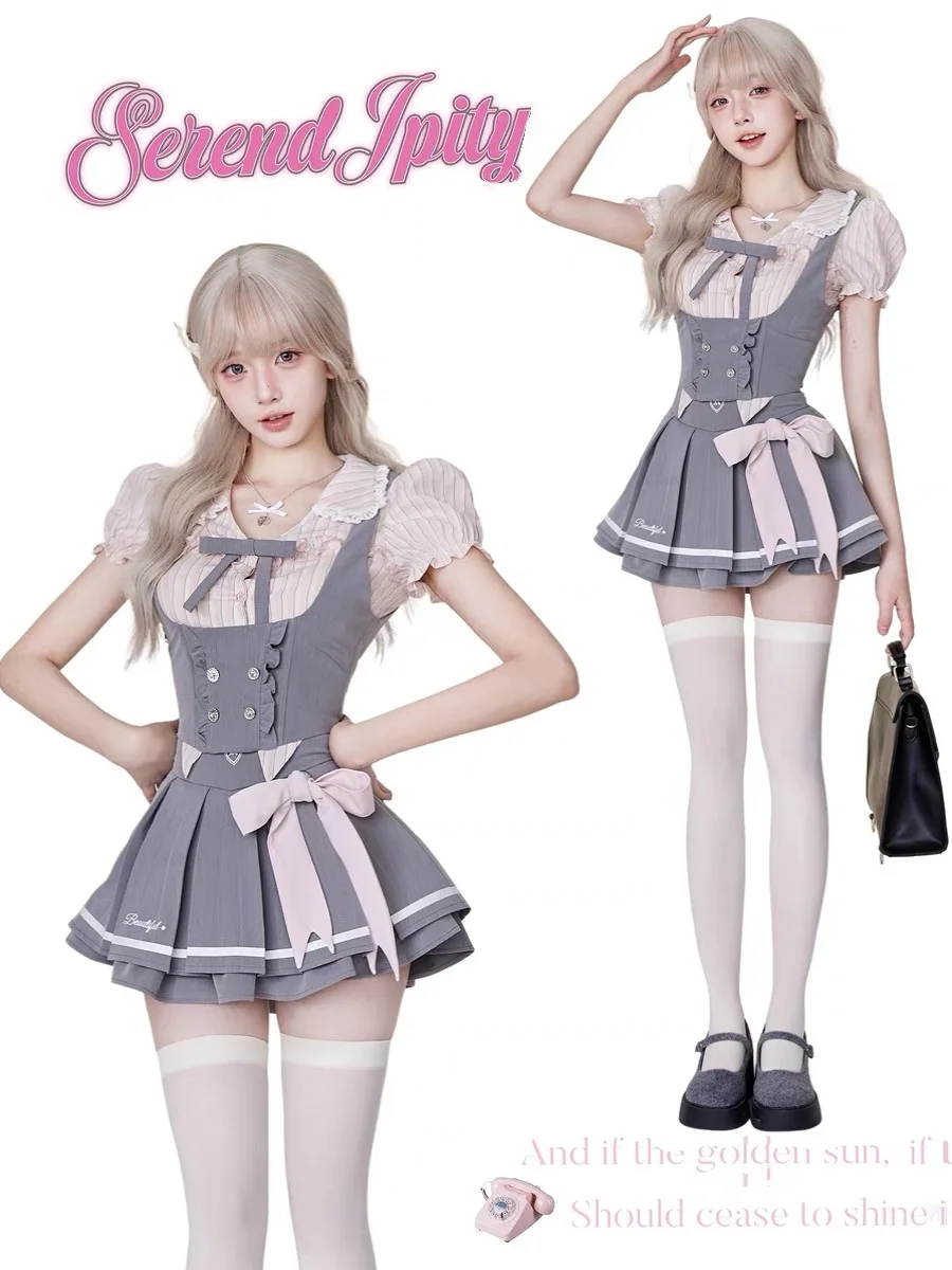 

Korean Style Summer College Skirt JK Uniform Pink Striped Shirt Gray Vest Pleated Skirt Graduation Season three-piece Set