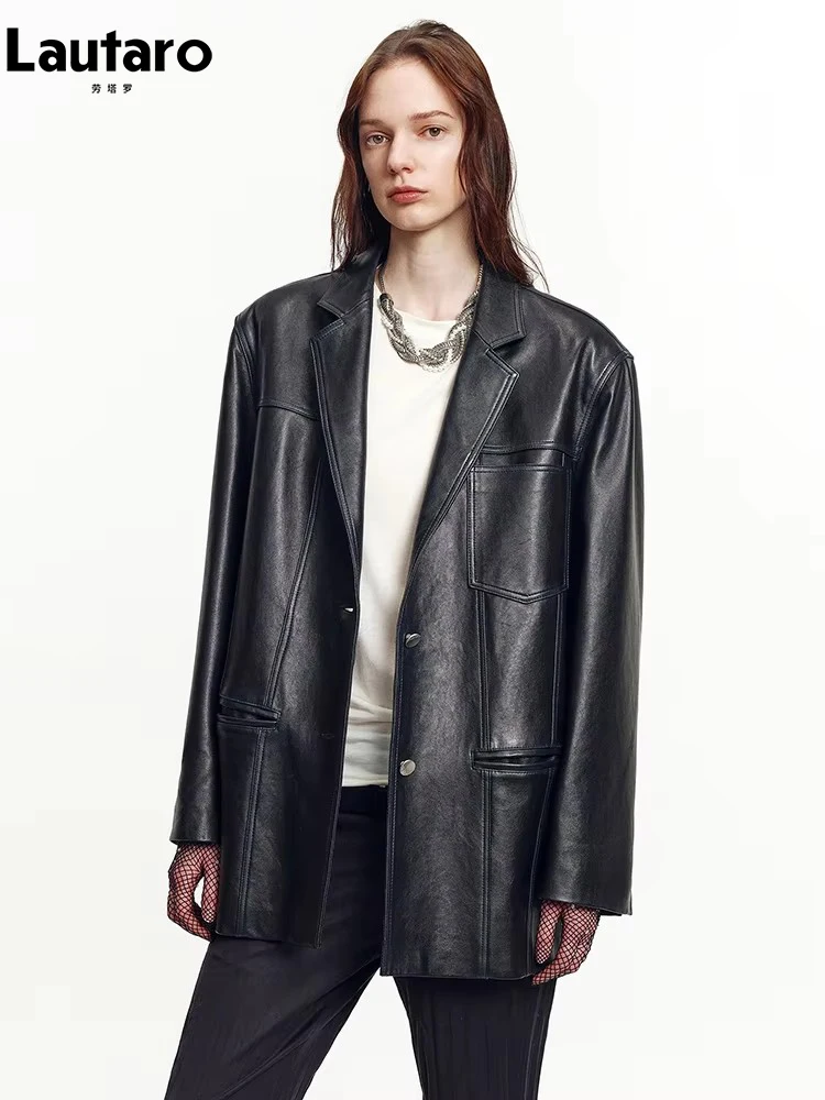 

Женский блейзер Lautaro из мягкой искусственной кожи, коричневый, в стиле ретро, на весну-осень, однобортный, люксовый, шикарный, модный, коллекция 2026